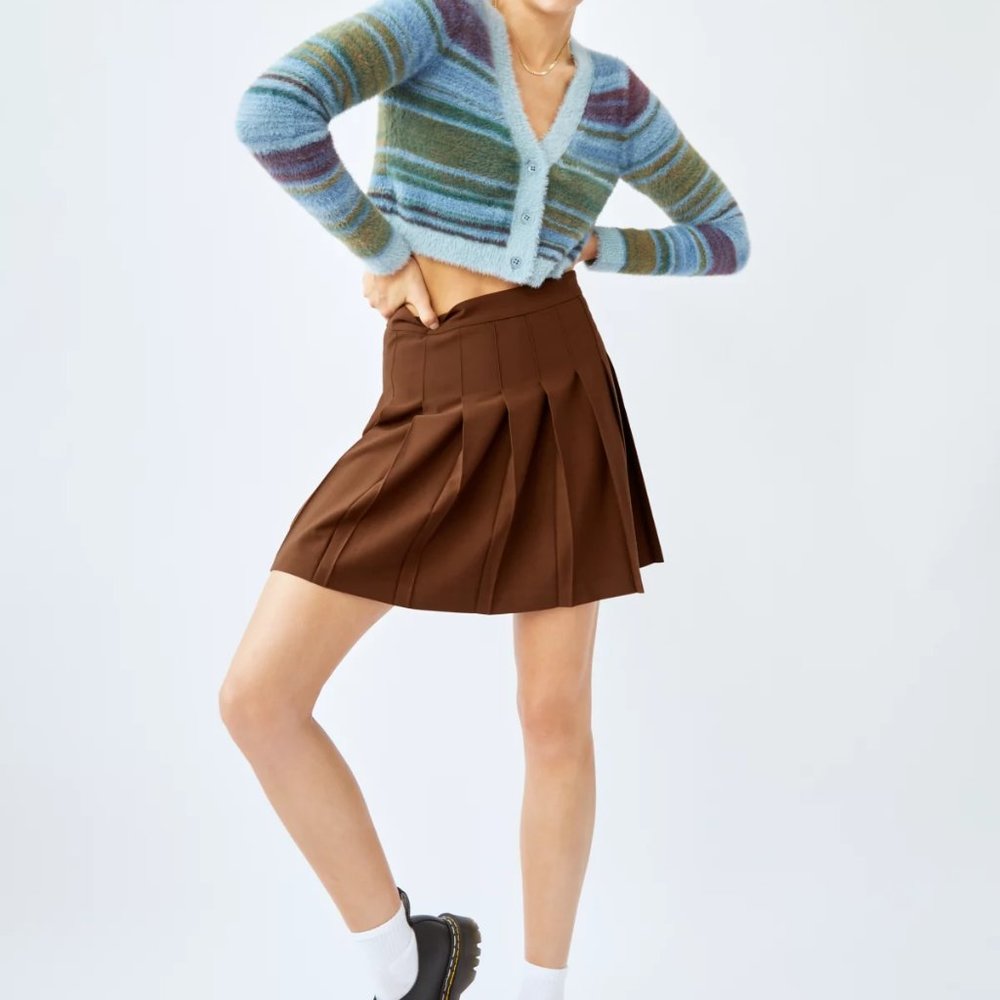 Sun-deh Sunday Best Aritzia Cognac Brown Olive Mini Pleated Skirt - Size 8